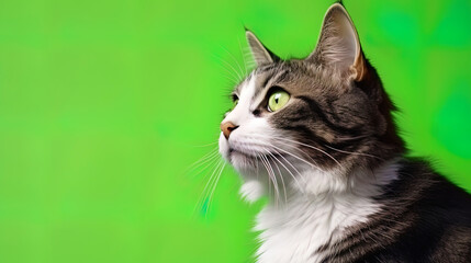 Fototapeta premium A portrait style cat, posing in front of a bright green background