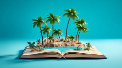 book with a tropical island with palm trees on top, blue background