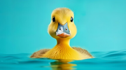 Portrait of a cute duckling on a turquoise background