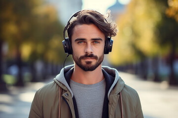 Handsome nice man in headphones listening to music relaxing outdoors generative ai