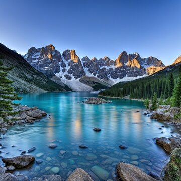 Majestic Lake with Mountain Peaks Reflected in Still Water