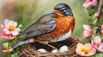  Watercolor illustration of a robin and a nest with eggs in spring.Generative AI.