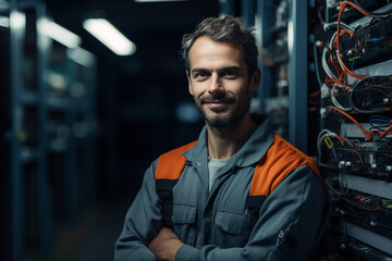 Fototapeta premium Successful Male Female Data Center IT Specialist Computer technologies Generative AI picture