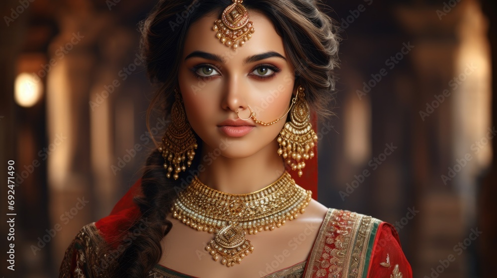 Wall mural portrait of a young hindu woman. beautiful young woman in a traditional hindu dress and jewelry look