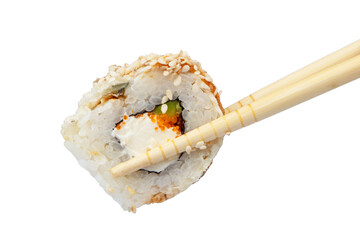 Wooden chopsticks with sushi roll isolated on white background © Liza