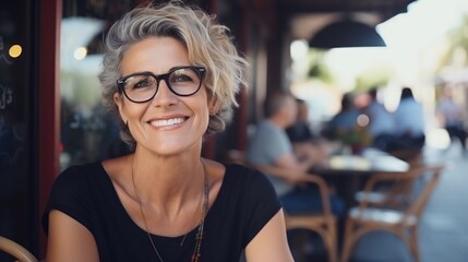 Psychology of happiness and confidence. Smiling Caucasian woman in eyeglasses looking at camera...