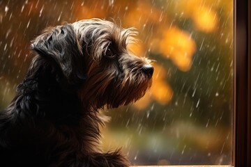 dog look out of window on rainy day in autumn