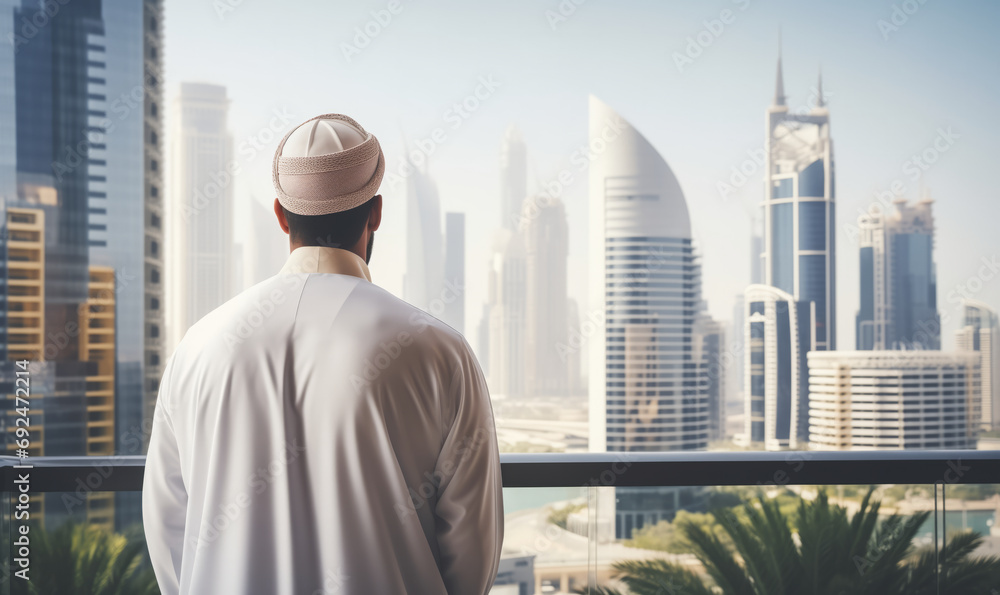 Wall mural an middle eastern arabian business person looking out over a modern city skyline