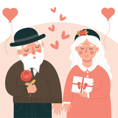 Love tenderness and romantic feelings concept. Elderly old loving smiling couple man and woman feeling in love and they give a gift and a flower. Flat vector illustration