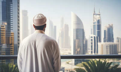 An middle eastern arabian business person looking out over a modern city skyline