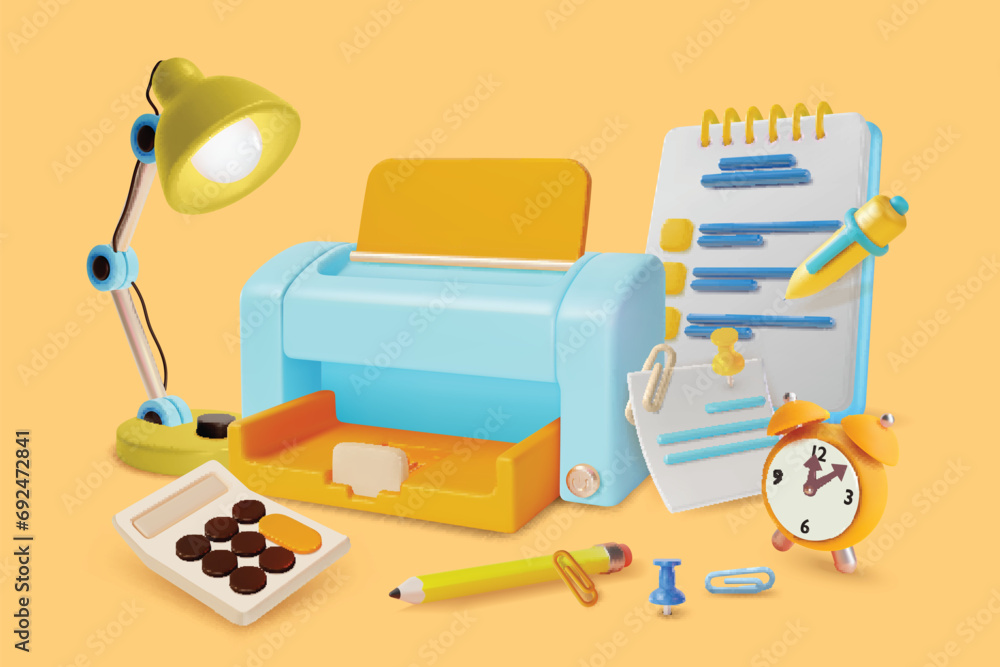 Poster 3d Office Stationery Concept Background Cartoon Style Include of Printer, Pencil, Document, Lamp and Pen. Vector illustration