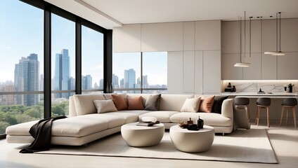 Modern Simplicity: Minimalist Urban Apartment with Sleek Furniture, Neutral Tones, and Panoramic City Views Aesthetic.