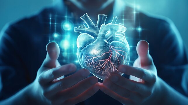 Heart transplant 3d organ hologram held by close-up image