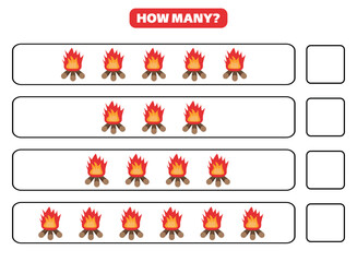 Fototapeta premium How many bonfire are there? Educational worksheet design for children. Counting game for kids.