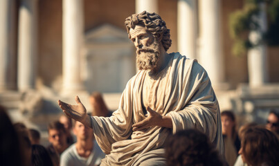 Ancient Philosopher Statue Delivering a Speech in Front of a Classical Greek Architecture with an Audience Listening Intently - obrazy, fototapety, plakaty