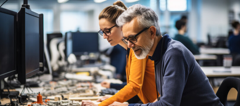 Experienced Employee Discussing Project Details with Young Intern at a High-Tech Development Laboratory with Workstations