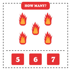 How many flame are there? Educational worksheet design for children. Counting game for kids.