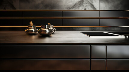 Elegant Modern Kitchen Drawer and Cabinet Fronts with Reflective Black and Silver Finish and Geometric Vessel in Minimalist Interior Design