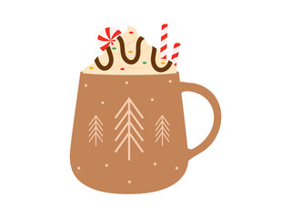 Hot drink in cup. Winter cozy warm drink in mug. Christmas vector illustration