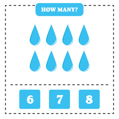 How many rain drop are there? Educational worksheet design for children. Counting game for kids.