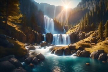 Photo majestic magical fantasy landscape with mountains river waterfall sun rays 3d
