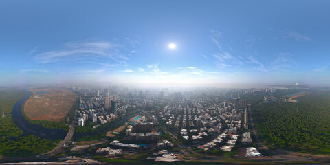 Mumbai aerial view with mangroves, suburbs, 8k, HDR 360, equirectangular, 