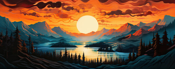 Sunset in the mountain with trees.