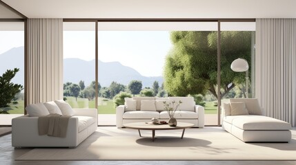 White minimalist living room interior with sofa, green landscape in window.