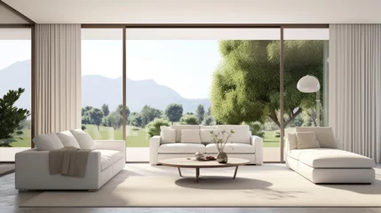 Schilderijen op glas White minimalist living room interior with sofa, green landscape in window. © Lubos Chlubny
