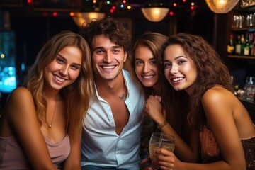 A man and three women at a party. New year celebration