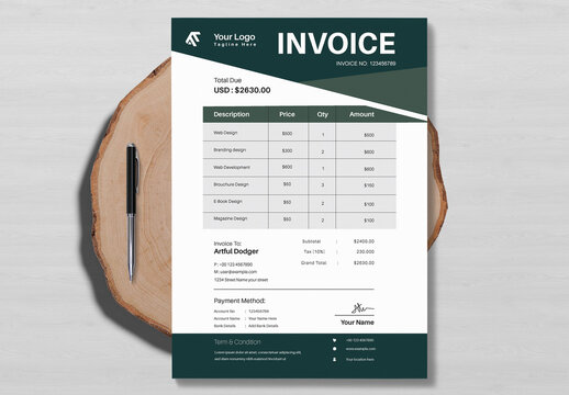 Invoice Layout with green Accents