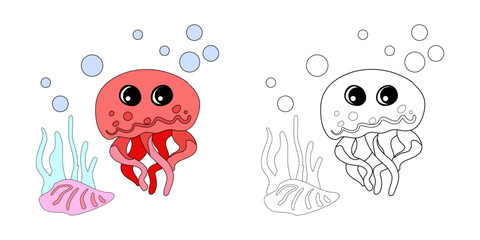 Coloring book Cute octopus with shells, bubbles and algae in the ocean. For posters, prints on clothes. Vector