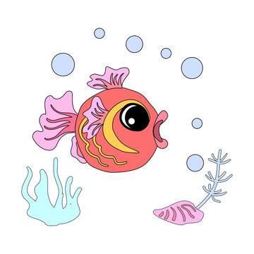 Goldfish with shells, bubbles and algae in the ocean. For posters, prints on clothes.