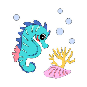 Seahorse with shells, bubbles and algae in the ocean. For posters, prints on clothes.