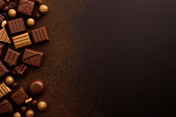 Dark background with chocolate candies top view for text