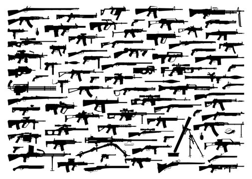 Firearms silhouette set. Weapon. Black guns. Vector illustration