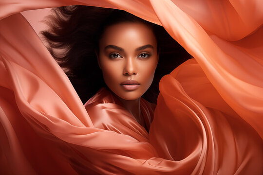 peach fuzz elegance, sophisticated african american model, pantone, peach fuzz, ai-generated image