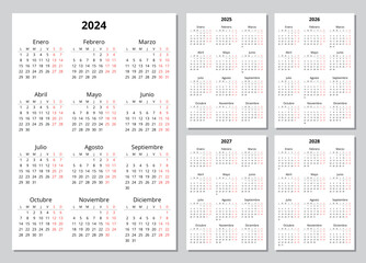 2024, 2025, 2026, 2027, 2028 vertical spanish calendars. Printable vector illustration set for Spain