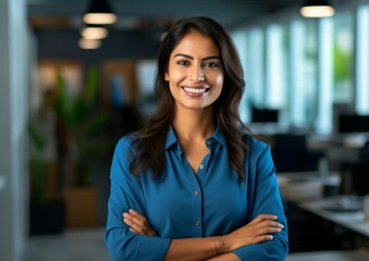 Young beautiful happy business woman working with tablet in corporate office