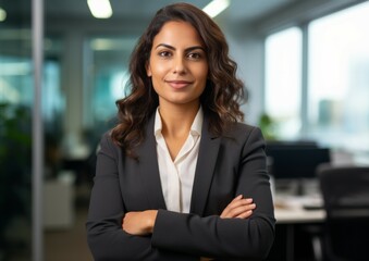 Young beautiful happy business woman working with tablet in corporate office
