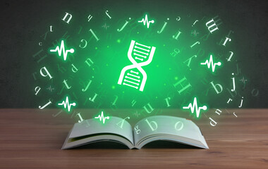 Open medical book with health icons above