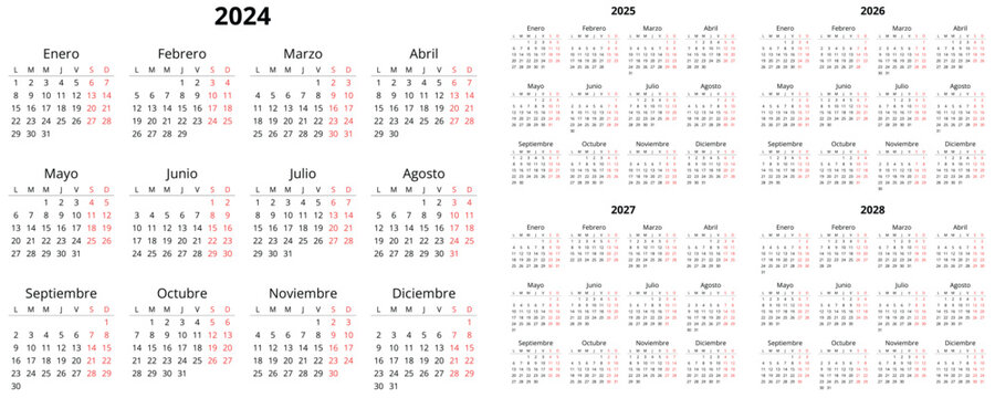 2024, 2025, 2026, 2027, 2028 vertical spanish calendars. Printable vector illustration set for Spain.