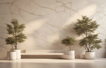 Empty beige marble interior with bench, plants