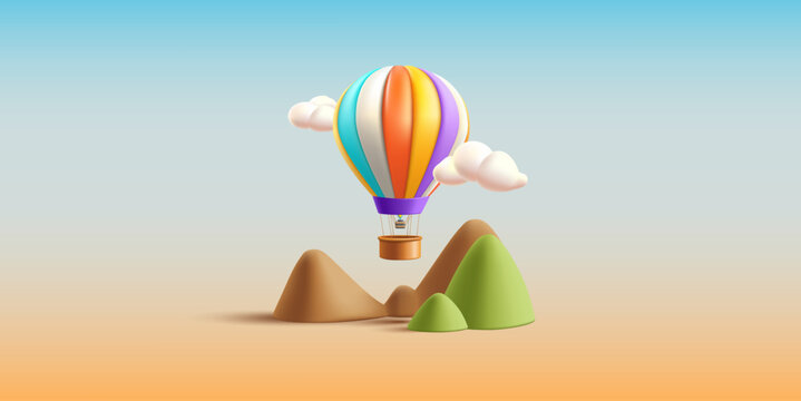 Hot Air Balloon with basket 3d render illustration flying above the mountains in the sky with clouds, render cartoon composition