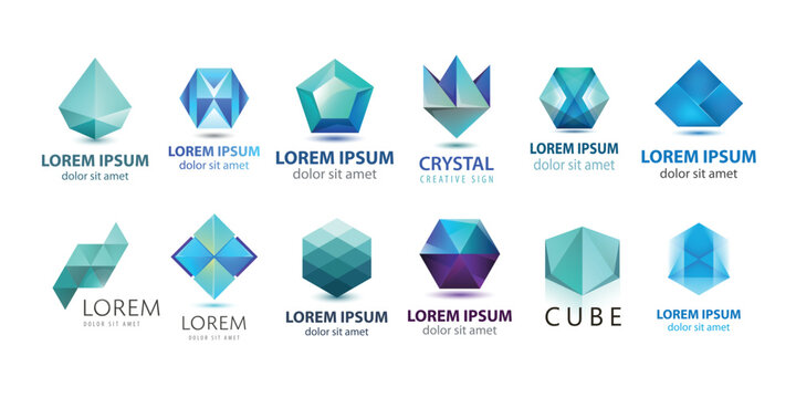 Vector set of abstract logo design, geometric technology icons, business 3d shapes collection. Origami, crystal forms and emblems.