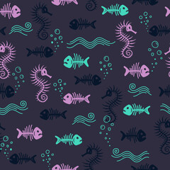 Sea pattern on a dark blue background with underwater sea creatures