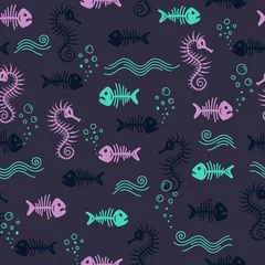 Afwasbaar Fotobehang In de zee Sea pattern on a dark blue background with underwater sea creatures