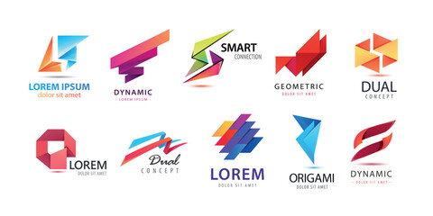 Vector set of abstract logo design, geometric technology icons, business 3d shapes collection. Origami, crystal forms and emblems.