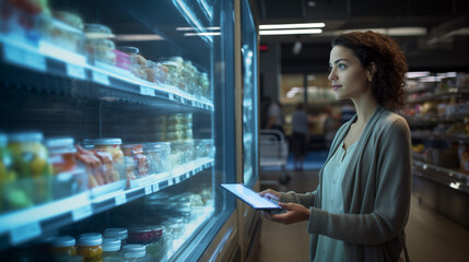 A young woman shopping in a supermarket grocery store using a tablet. 