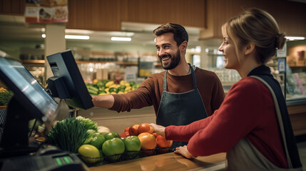 A man and a woman smiling at the cash register in a supermarket grocery store. 